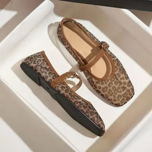 Leopard Print Mesh Mary Jane Flats - Picture 4 of 6